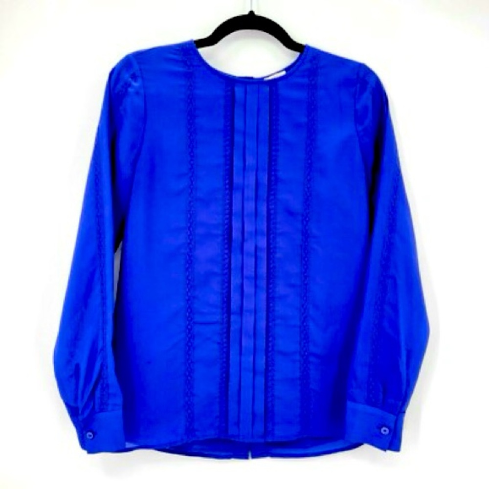 J.Crew. Lace Pleat Front Button Back Blouse. 100% Silk. Cobalt Blue. Size 2.